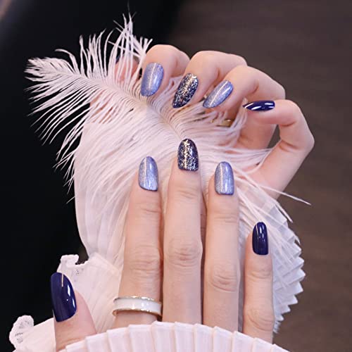 Sun&Beam Nails ネイルチップ オーバル ミディアム ロング つけ爪 ブルー 付け爪 人気 かわいい シンプル おしゃれ ファッション 24枚入 (#1-星)