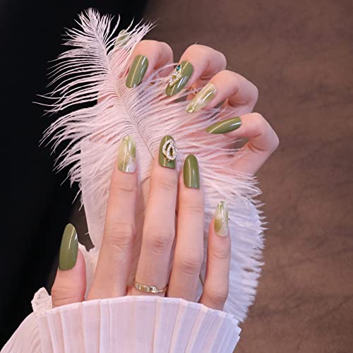 Sun&Beam Nails ネイルチップ オーバル ミディアム ロング つけ爪 シルバー 付け爪 人気 かわいい シンプル おしゃれ ファッション 24枚入 (#3-エメラルド)