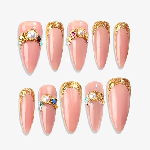 Sun&Beam Nails 手作り ネイルチップ ロング アーモンド スティレット つけ爪 肌色 ゴールド レトロ デザイン 人気 おしゃれ 可愛い 付け爪 10枚入 (#103 S)