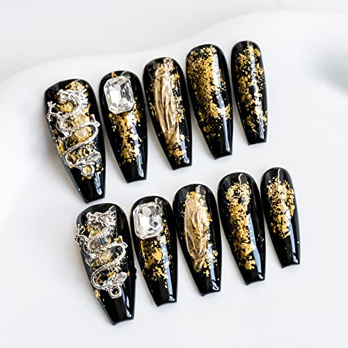 Sun&Beam Nails 手作り ネイルチップ ミディアム ロング バレリーナ ブラック ゴールド 人気 3D 竜 おしゃれ 可愛い デザイン つけ爪 付け爪 10枚入 (#52 M)