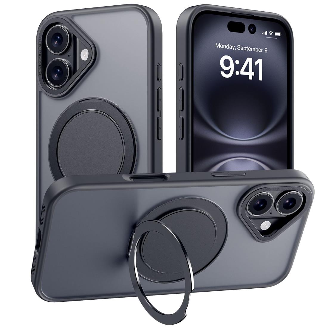 【多機能360度回転スタンド】Mcoifull 適用 iPhone 16 ケース マグネット搭載 ワイヤレ ス充電 耐衝撃 マット感 半透明 指紋防止 アジャスタブルスタンド アイフォン16 ケース くろ