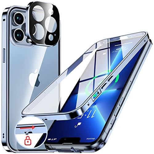 NIANGUO【ロック機能付き・自動ポップアップボタン】 iPhone13 Pro Max 用 ケース クリア 【両面強化ガラス】 9H硬度 【一体型レンズ保護】 アイフォン13プロマックス カバー アルミバンパーケース メタ ルフレーム 耐衝撃 傷防止 高感度タッチ 薄型 軽量 ワ イヤレス充電対