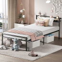 PRTONE パイプベッド ベッドフレーム シングル 棚・コンセント付き 一人暮らし 狭い空間向け bed frame single ベッド下大容量収納 頑丈通...