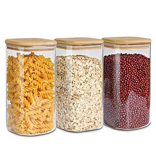 ComSaf キャニスター コーヒー 1500ml ガラスキャニスター 密閉 四角保存瓶 保存容器 小型 密封瓶 食品貯蔵容器 竹蓋付き 小麦粉保存容器 穀物 茶葉入れ コーヒー粉 豆入れ 3個セットのサムネイル