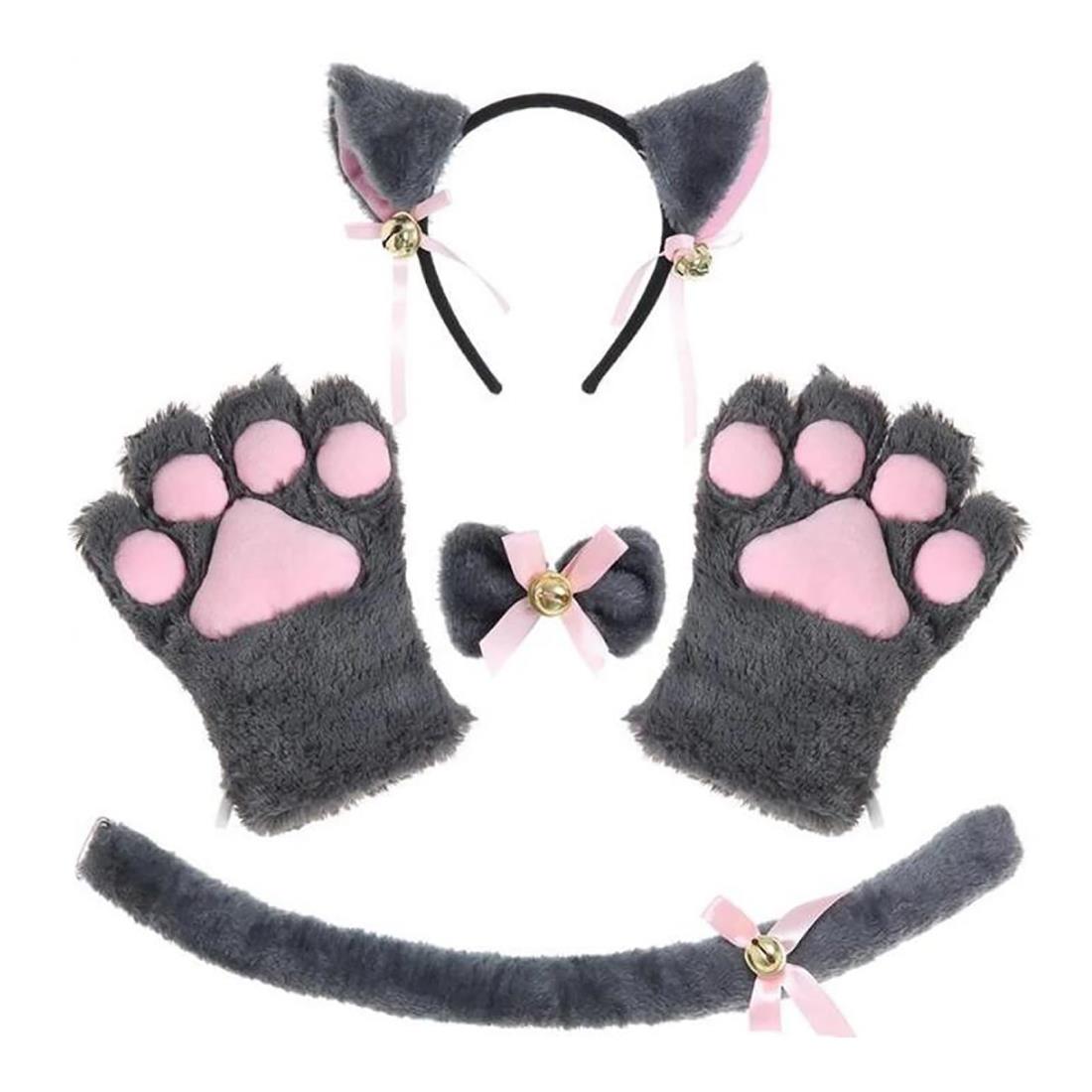 [YFFSFDC] 猫耳カチューシャ ねこ コスチュ ーム 4点セット コス プレ 小物 チョーカー 肉球手袋 しっ..