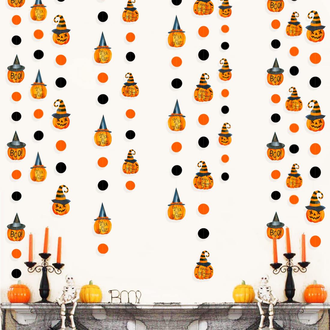 PinkBlume ハロウィンのかぼちゃの サークル ドット ガーランド パーティーの装飾 約12m長 オレンジ 黒 ハッピーハロウィン トリックオアトリート ブーサイン 魔女帽子 パンプキン ブラックオレンジサークルドットストリーマー付き 秋 ハロウィン 誕生日 パーティー 吊り飾り