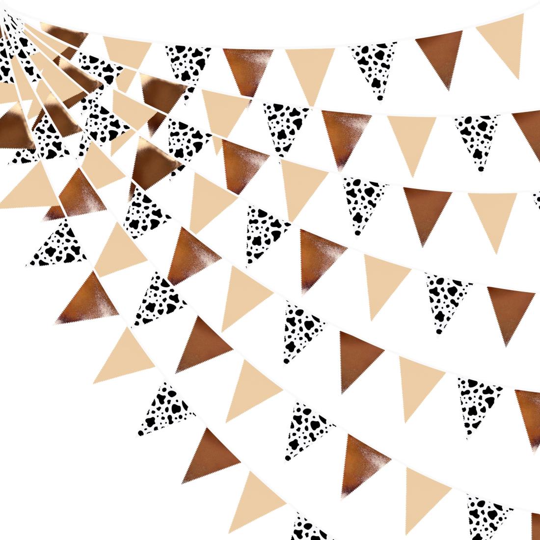 PinkBlume ブラウン ワイルドウェスト ペナントガーランドパーティーデコレーション乳牛プリント生地 三角旗 バナー ダービーファームカウ ウエスタンカウボーイ 誕生日 洗礼式 結婚式 アウトドア運動会 文化祭 体育祭 店舗 教室 保育園 子供部屋の装飾