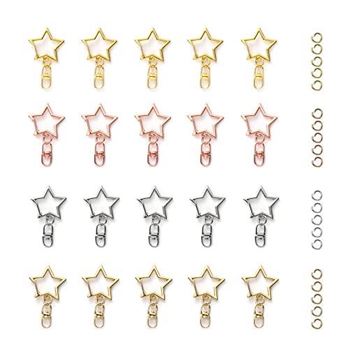 YFFSFDC キーホルダー金具 20個 回転カン付き ワンタッチキーホルダー カワイイ DIY用パーツ 手作り キーリング シルバー ゴールドなど4色 (星 ...