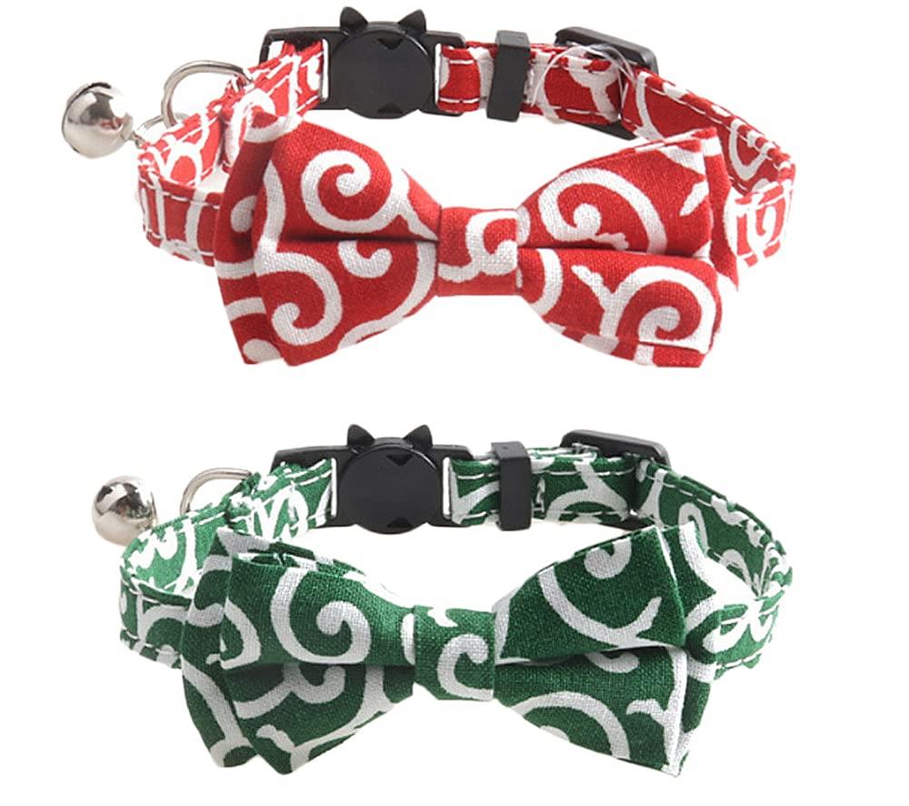 YFFSFDC 猫首 輪 蝶結び 犬猫用 ペット首 輪 調整可能 セーフティバックル付 可愛い 軽量 和風 唐草モ..