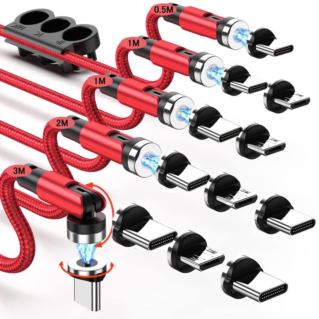 マグネット 充電ケーブル 【5本セット/0.5+1Mx2+2M+3M＆12コネクタ】 LEDライト内蔵 USBケーブル 3in1 充電器 マグネット 540°回転可能 急速充電 防塵 USBC Micro USB Phone 全機種対応