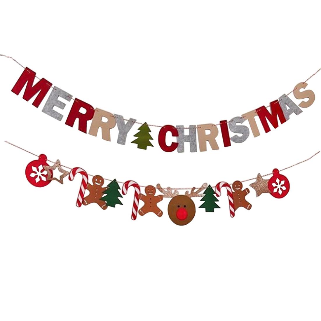 クリスマス 飾り 2セット フェルト クリスマス ガーランド バナー 飾り付け Merry Christmas ジンジャーマン キャンディケーン トナカイ クリスマスツリー オーナメント おしゃれ 壁飾り 窓 玄関 装飾 (A)