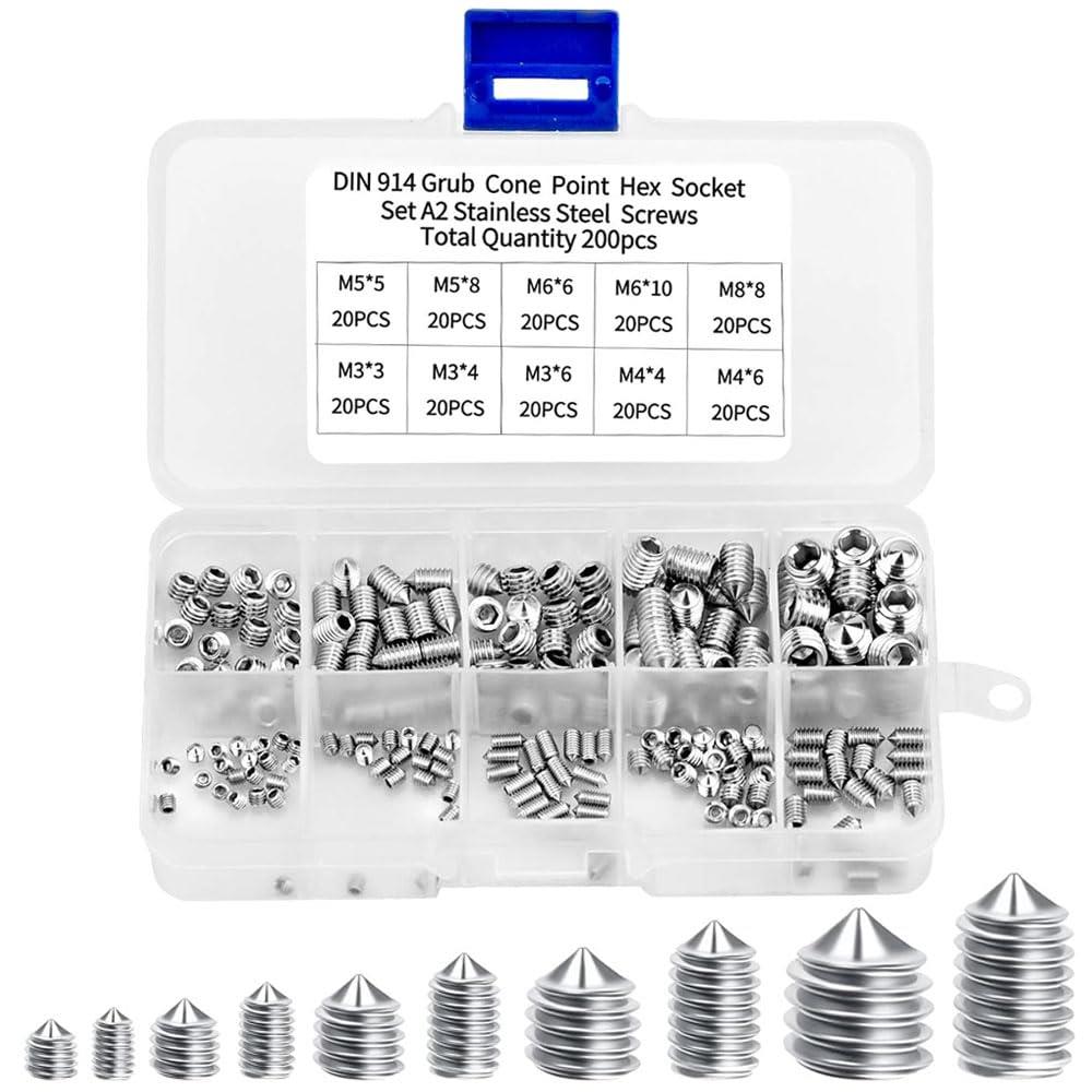 六角穴付止めネジ 内側六角 イモネジセット M3 M4 M5 M6 M8 10種類 200個セット 六角グラブネジ 304ステンレススチール 止め ねじ キット 接続用 修理ツール 配管工など 蛇口修理 イモネジセット 収納ケース付き