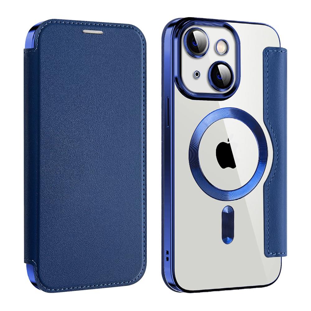 MuZiF iPhone 15 用 ケース 手帳型 Magsafe対応 クリア 背面 透明 高級なPUレザー 永久磁石 マグネット スマホケース カード収納、人気財布型 カバー 軽量 アイフォン15 用 手帳カバー (ダークブルー)