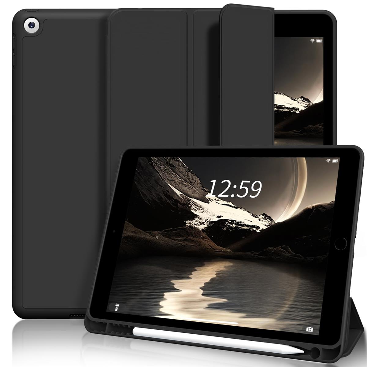 SQBEBS iPad 9世代 ケース ペン収納 20 21 iPad ケース 第8世代/第7世代 2020/2019 三つ折りスタンド オートスリープ/ウェイク ソフト TPU 薄型 軽量 耐衝撃 iPad 10.2インチ ケース ブラック