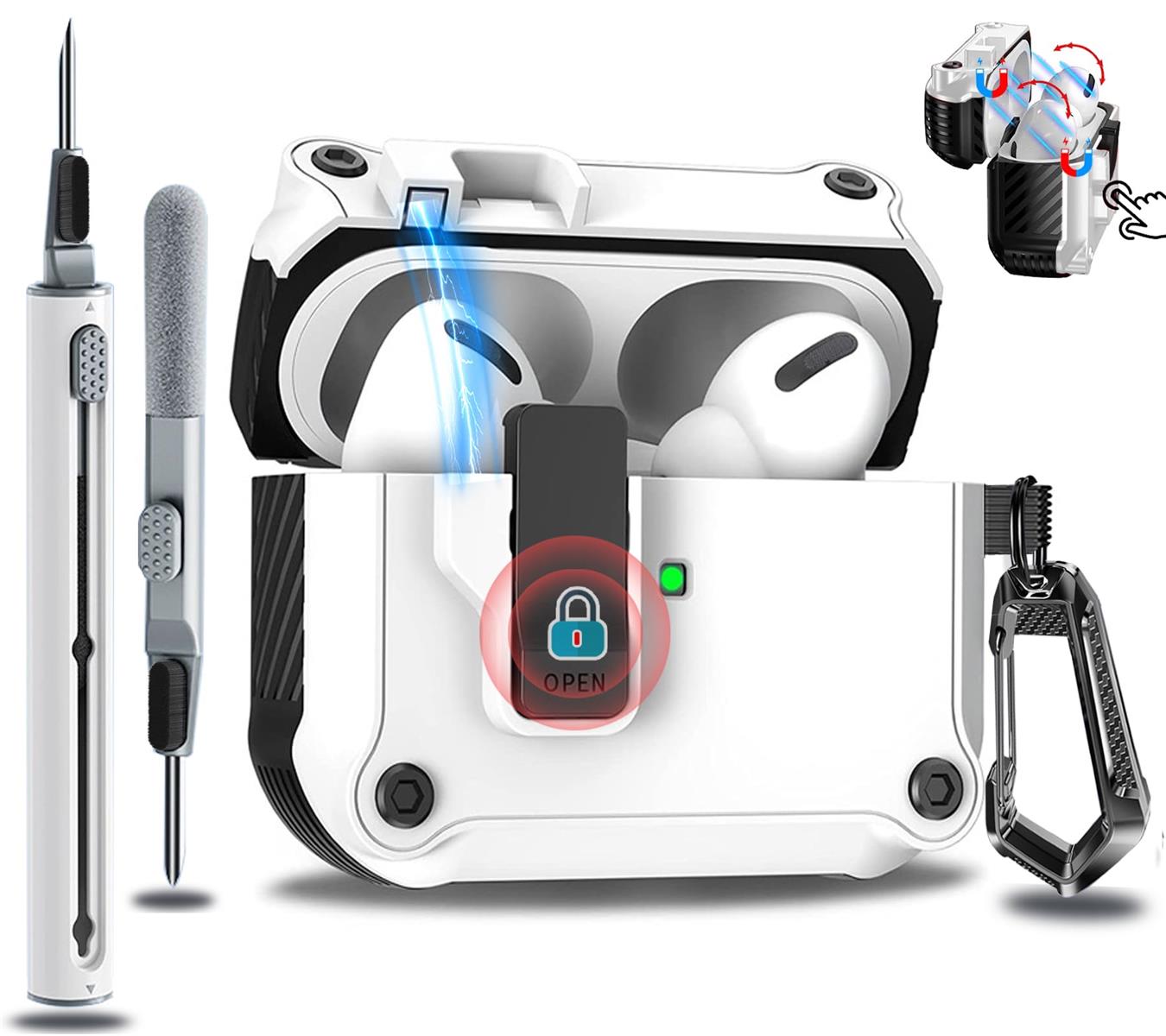 OJBSEN AirPods Pro3 ケース 20 25 AirPods Pro 第3世代 ケース 安全ロック付き 自動ボタン えあーぽっつ プロ3カバー クリーナーキット付き エアーポッズプロ3カバー ワイヤ レス充電対応 LEDライトが見える カラビナ付き ハード TPU 分離式 全面保護 耐衝撃 傷防止 軽量 T(