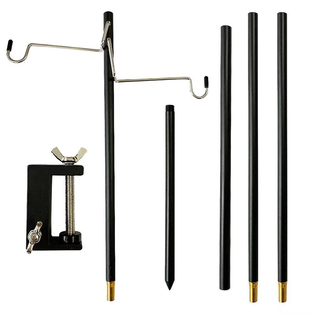 YATTA ランタンスタンド ホルダー ポール ライトスタンド アルミ製 コンパクト 軽量 ハンガー2個式 クランプ式 打ち込む式両用 折りたたみ式 屋外 キャンプ 用品 ピクニック 収納袋付き