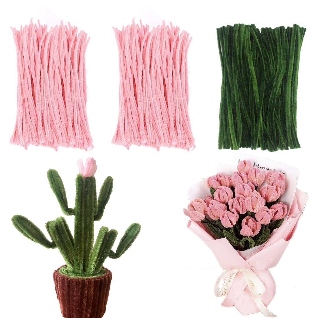 Doyime 手芸モール (ピンク色*200本+緑色*100本) 工作モール カラーモール 骨格モール 手作りキット 子供知育玩具 DIY飾り物 造形材料 曲げ...