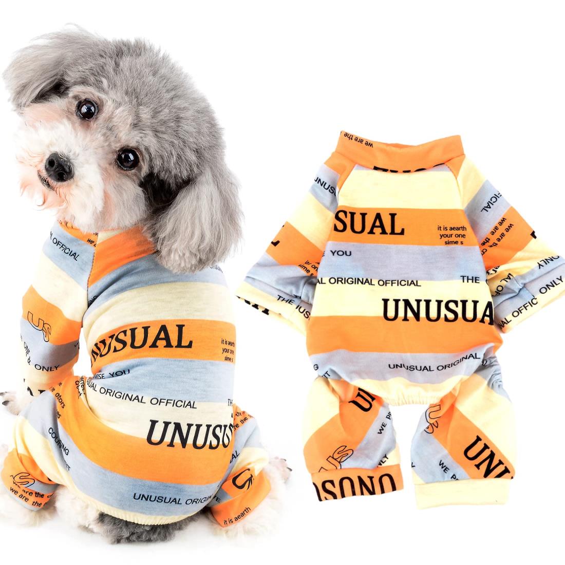 RANPHY 犬服 犬の服 つなぎ ロンパース パジャマ 縞柄 英字絵柄 かわいい おしゃれ 洋服 四つの足 ジャンパー 綿製 猫服 小型犬 子犬 ストライプ Tシャツ 部屋着 寝間着 ドッグウエア 抜け毛防止 お洒落 お散歩 ペット服