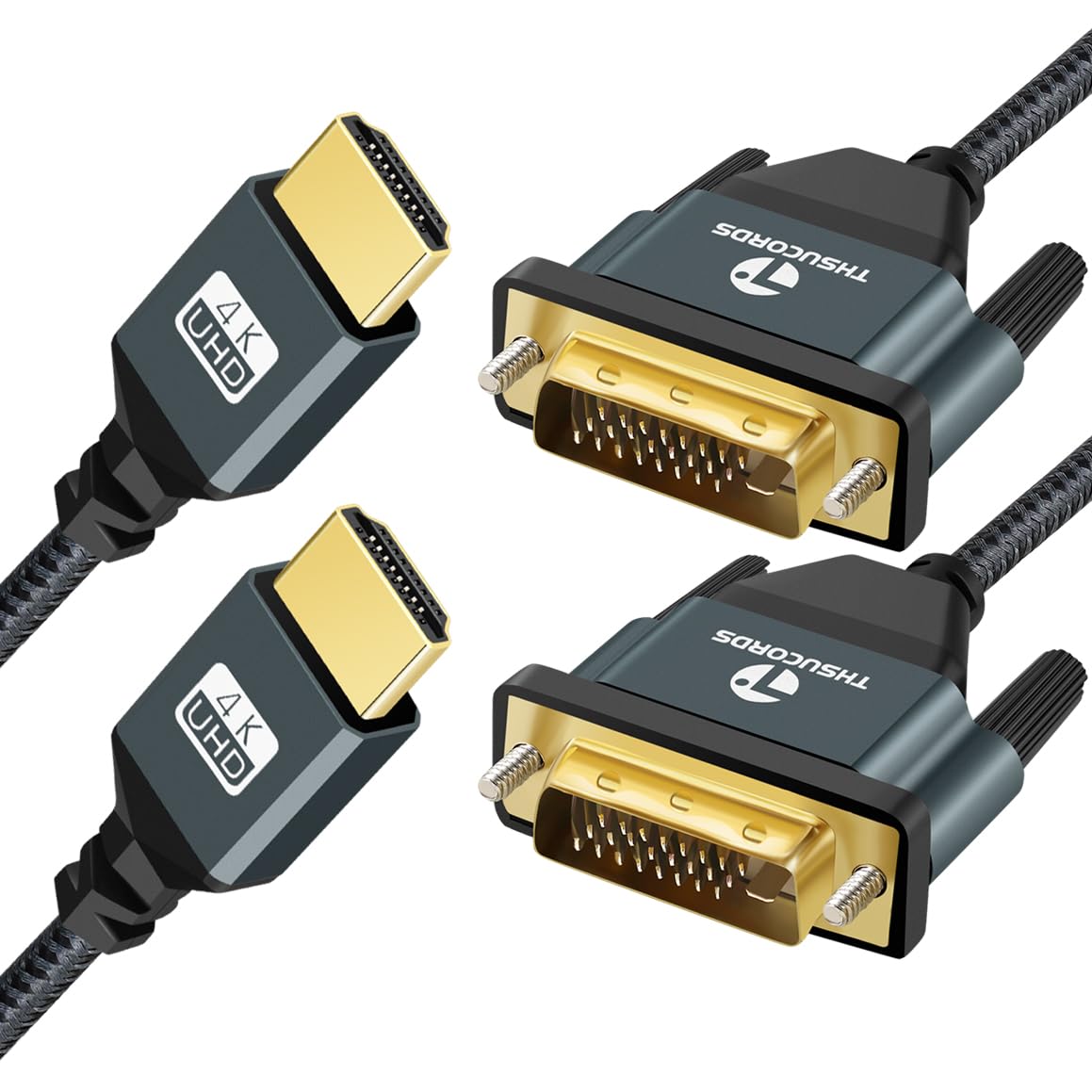 Thsucords 4K HDMI - DVIケーブル 2本パック 2M 金メッキ&編組DVI - HDMIアダプターケーブル 双方向 プロジェクター ノートパソコン テレビ PC DVDプレーヤー用