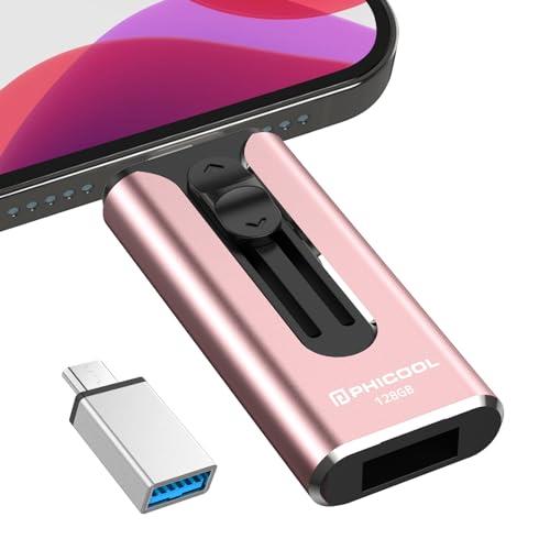 【専用アプリ不要 データ移行簡単】4in1 iPhone対応 USBメモリ アプリ不要 128GB データ 高速 バックアップ 写真保存 外付け USB iOS/Type-C/USB/Micro usb搭載 iPad対応 usbメモリー スライド式 スマホ/PC/iPad対応 容量不足解消 ピンク Phone 15/14Pro/12 Pro Max/SE/8 Pl