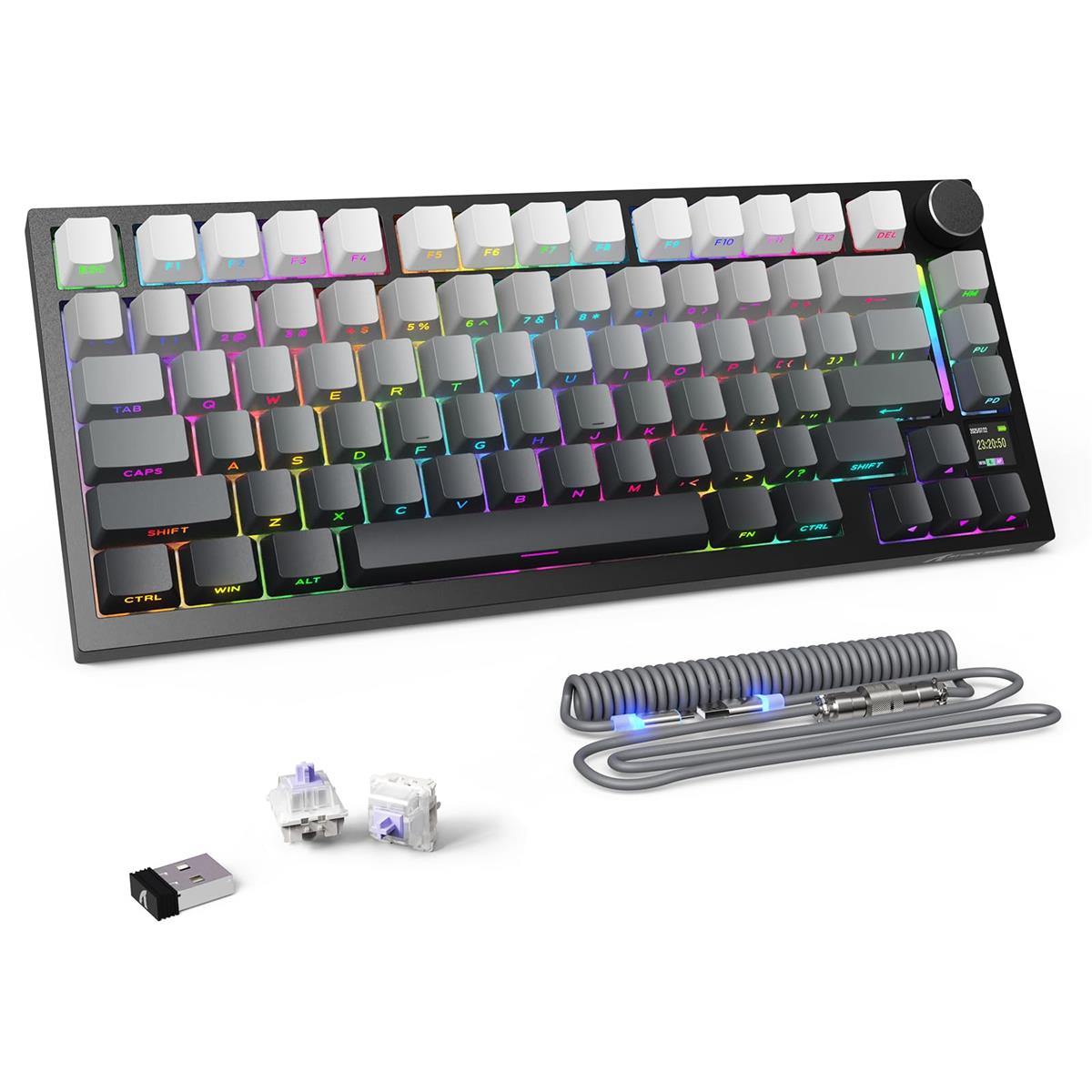 ATTACK SHARK X820ULTRA メカニカルキーボード ゲーミングキーボード 無料発光Type-Cケーブル カスタム 75％配列 無線/有線/BT 三模接続 ホットスワップ 軸交換可能 PBTキーキャップ RGBバックライト LEDディスプレイ ノブ付き コンパクト 大容量バッテリー eスポーツ 高耐久