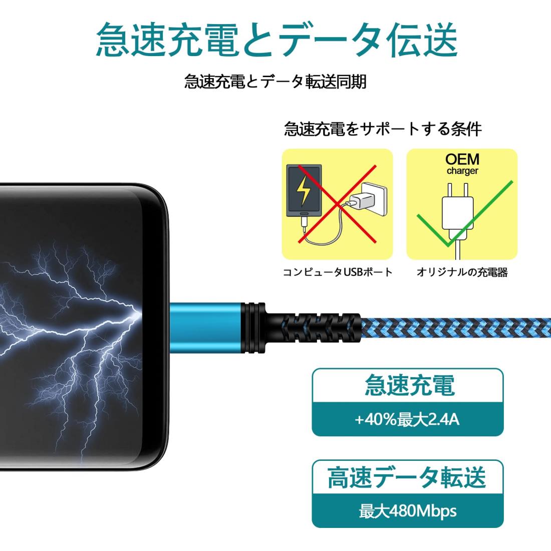 USB Type C ケーブル 【0.5m+0.91m+1.5m+1.83m 4本*4色】 iPhone 15充電ケーブル 3A急速充電 QC3.0対応 タイプc充電ケーブル 高耐久 ナイロン iPhone 15 15Plus 15Pro 15Pro Max,Xperia XZ XZ2 XZ3, Galaxy A20 A21 S10 S10+などのType -C機器対応
