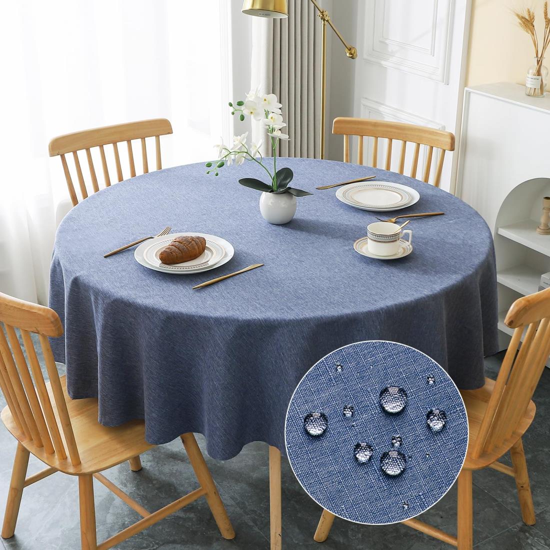 AooHome テーブルクロス 丸 撥水 汚れ防止 円型 おしゃれ シンプル テーブルカバー リネン類 耐熱 速乾 丸洗い お手入れ簡単 業務用・家庭用 ネイビー 直径120cm
