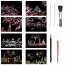 LIANHATA スクラッチアート 8枚入 スクラッチ極細ペン付き 20*14cm スクラッチペーパー レインボー絵 はがきタイプ 夜景 花火 観覧車 花畑 彫刻アート DIY 削るだけで美しいアート 部屋飾り (コンビネーションシリーズ)
