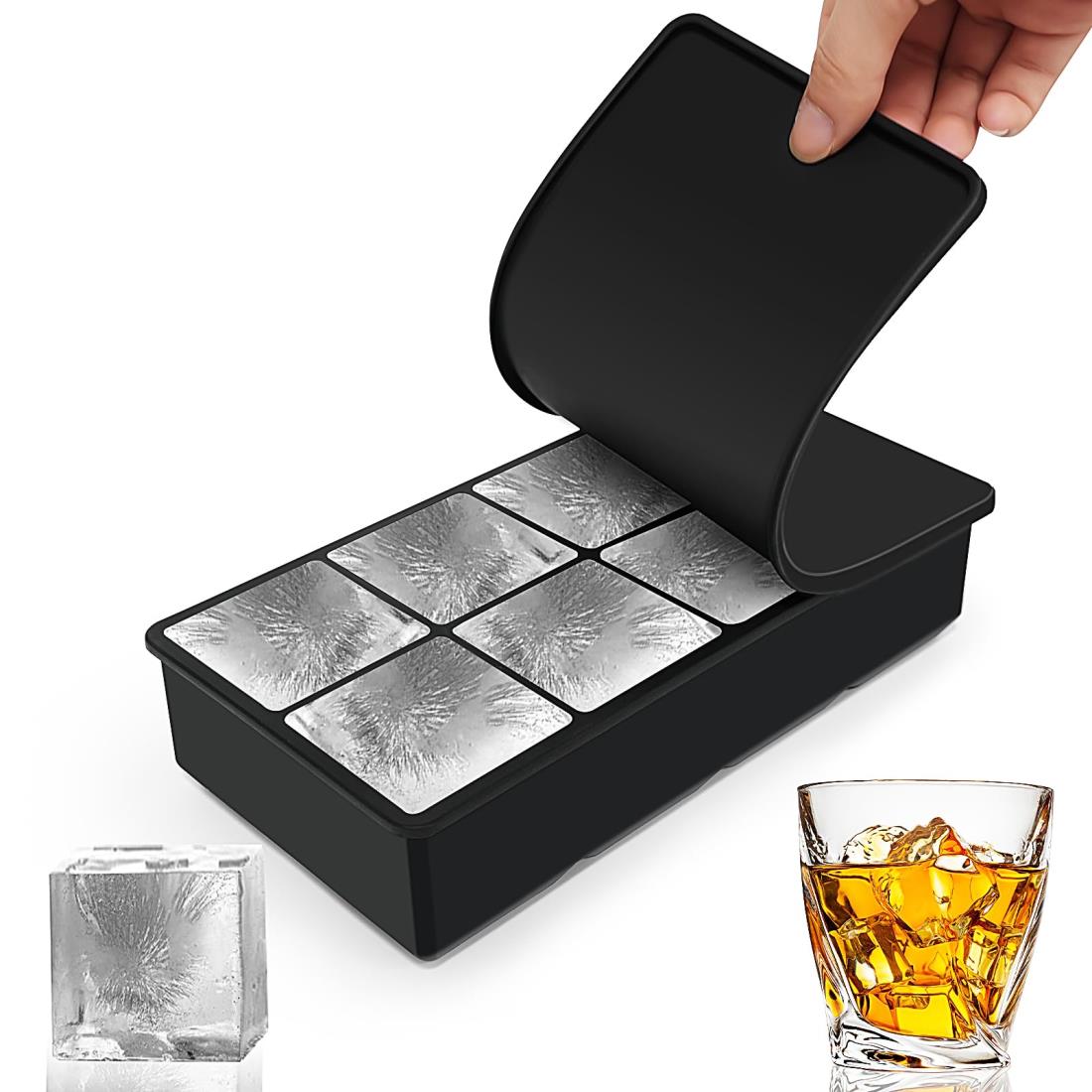 YOUSHY製氷皿 ブラック食品級シリコン製 蓋付き 氷作る容器 アイスキューブ 製氷器 大きい氷 四角型5cm アイストレー (8コンパートメント・アイス・ラティス)