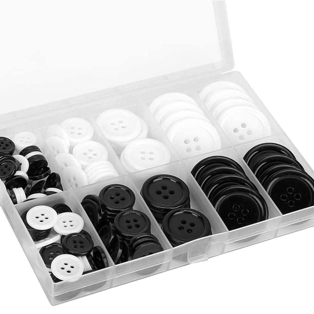 サムコス 2色ボタン 樹脂ボタン 約160個のセット 4穴 樹脂製 円形 手芸 材料 スーツ ジャケット 上着 服装装飾 縫製用 置換用 10mm 12mm 15mm 20mm 25mm 黒 白 ケース付き