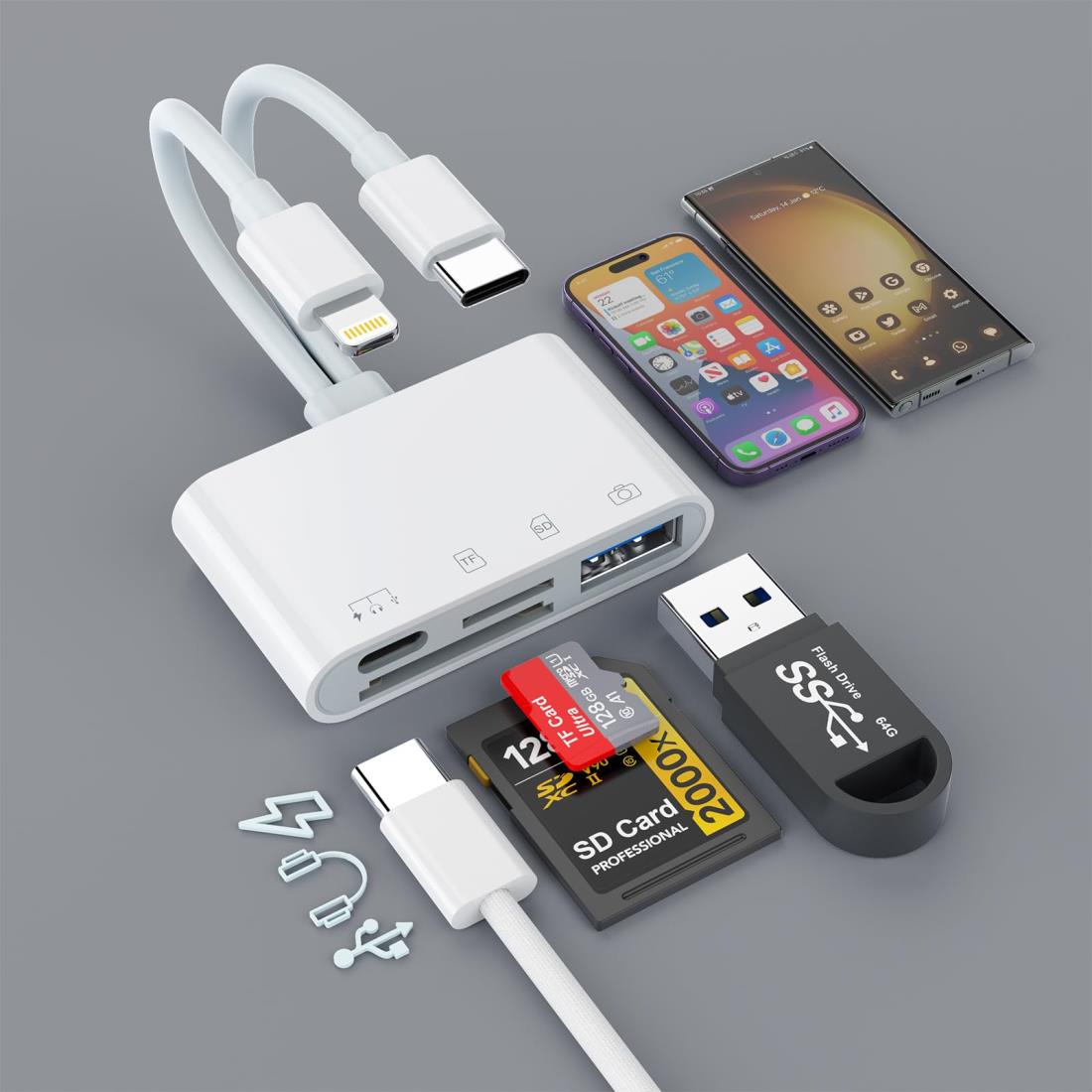 【2024 MFi認証品】iPhone SDカードリーダー 4in1 Lightning/Type C - USB3.0/Type C/SD/microSD 変換アダプタ メモリーカードリーダー OTG対応 設定不要 急速充電 ハイレゾ音質 写真/ビデオ/資料 双方向高速転送 カードリーダー iPhone, iPad, MacBook Pro/Air, Samsung, Go