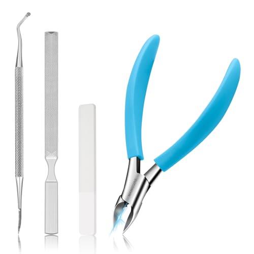 CGBE 爪切り ニッパー 巻き爪用爪切り 厚い爪用爪切りセット 爪やすり、爪リフター付き 手足両用 高齢者 男女兼用足爪切り ステンレス鋼 -ブルー (4点セット)