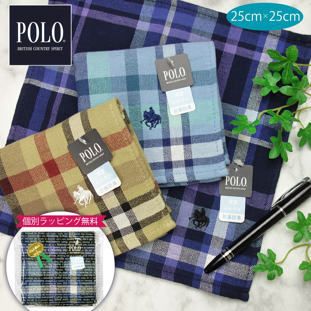 '23新柄入荷【メール便送料無料】 POLO BCS ブランド メンズ チェック 刺繍入り ハンカチ 表ガーゼ 裏パイル 吸水性抜群 ソフトな手触り プレゼント ギフト《メンズ 紳士 25×25cm ラッピング 無料》