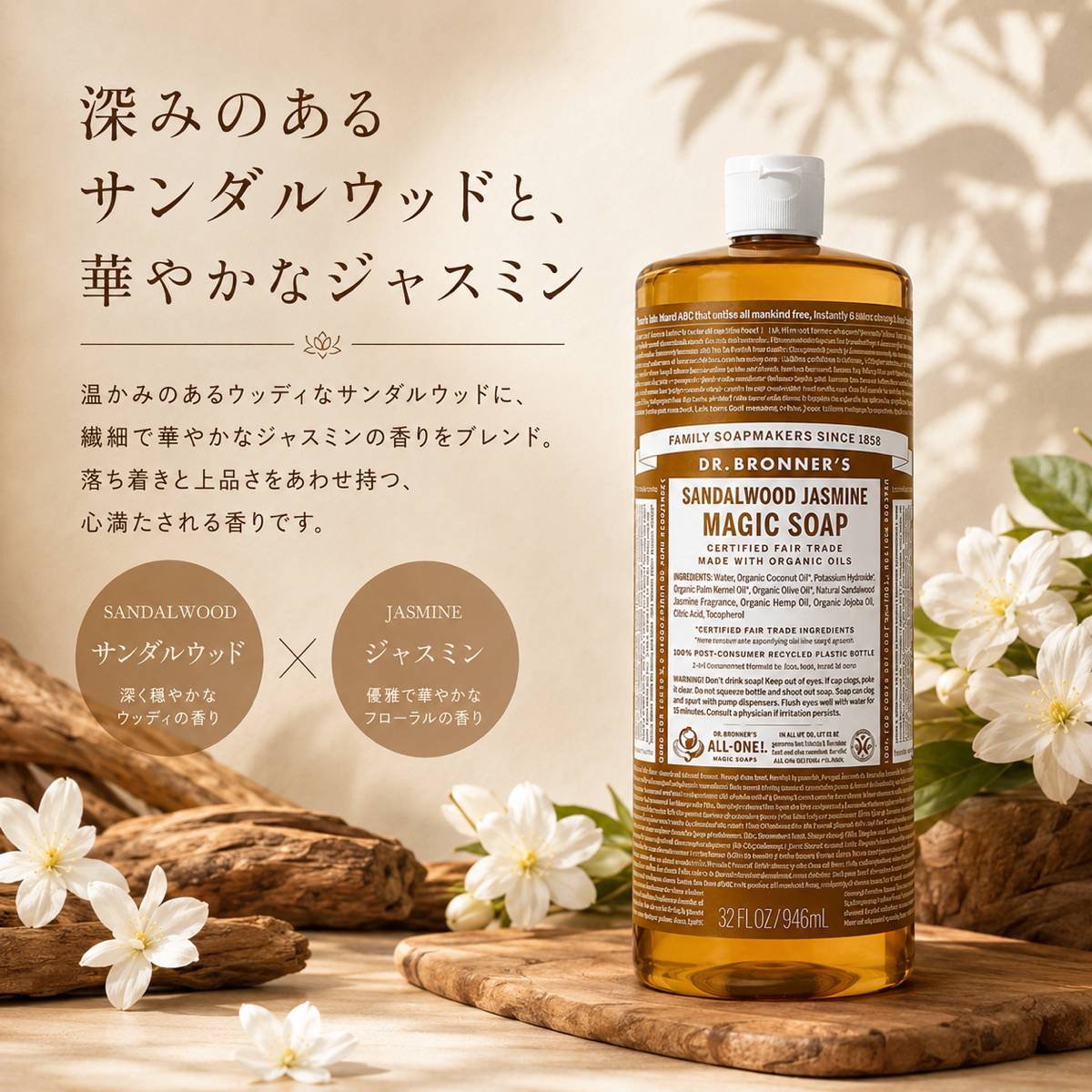 マジックソープ サンダルウッド ジャスミン 946ml ドクターブロナー オーガニック 天然由来 液体石鹸 コストコ 通販 送料無料 psj1-10007963 PrimeSellerJapan 楽天市場店 サンプル画像3