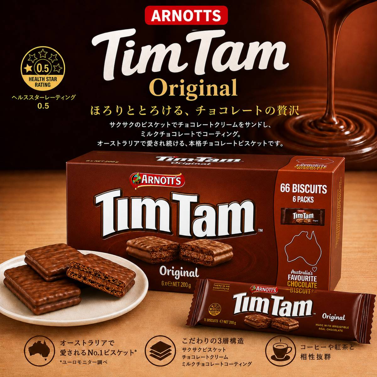 PrimeSellerJapan 楽天市場店のティムタム チョコ オーストラリア お土産 TimTam オリジナル 11枚×6パック×3箱 チョコサンドクッキー コストコ 通販 送料無料｜アングル3