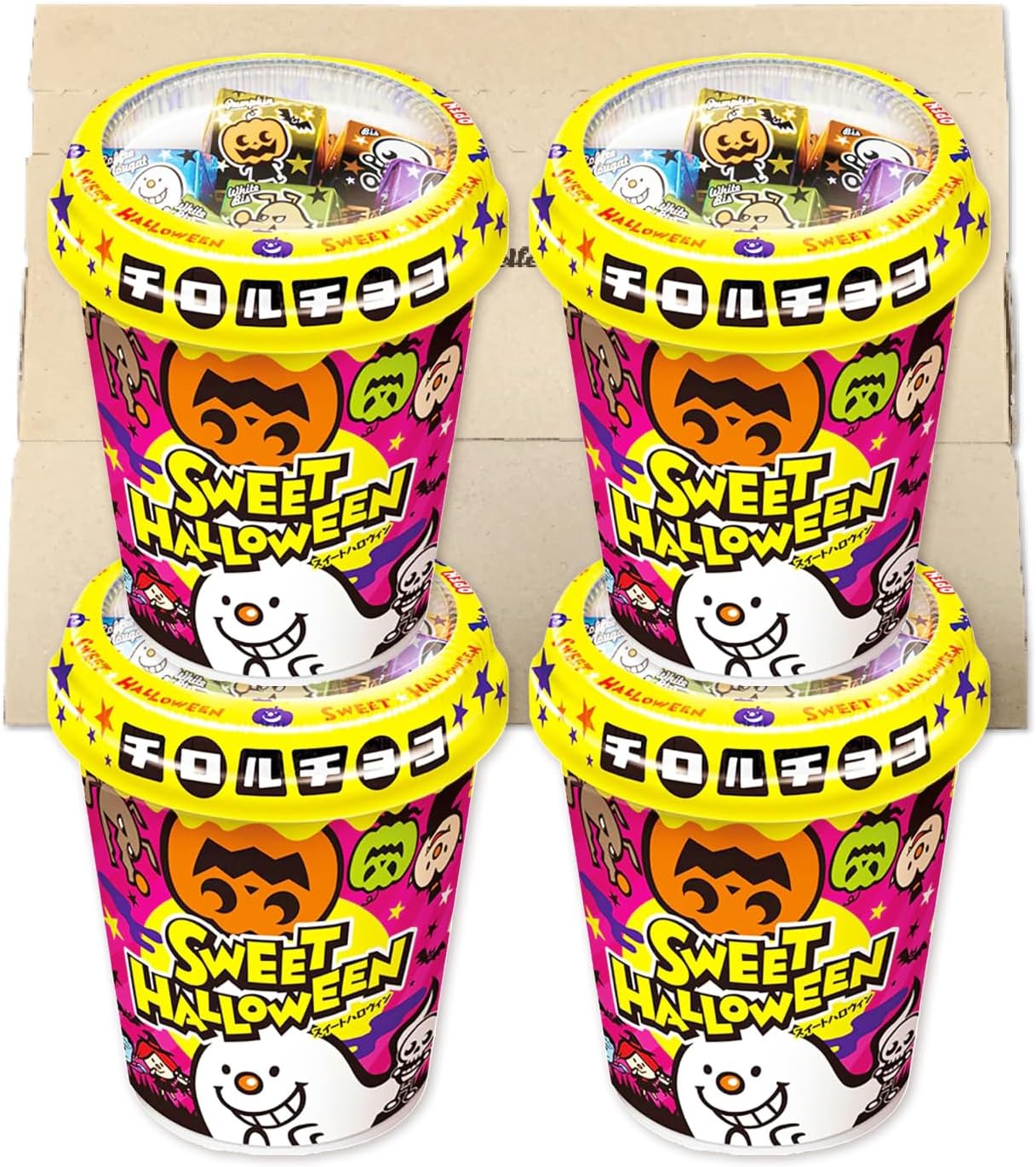 ハロウィンのお菓子をまとめてたっぷり用意したいときに。チロルチョコ「ハロウィンカップ」34個入りを4個セットにした、合計136個の大容量アソートです。 フレーバーは全6種類。ハロウィン限定の「ブラッドストロベリー」は、甘酸っぱいストロベリーソースがアクセント。「パンプキン」は、やさしい甘みが広がる季節限定の味わいです。 さらに、ワッフルクランチの食感を楽しめる「ホワイトクランチ」、もっちりとした「コーヒーヌガー」、サクッとした「ビス」、まろやかな「ミルク」を組み合わせています。それぞれ異なる味や食感を食べ比べながら楽しめます。 1カップには、パンプキン7個、コーヒーヌガー6個、ビス7個、ブラッドストロベリー5個、ホワイトクランチ5個、ミルク4個の合計34個入り。4カップで合計136個なので、ハロウィンパーティー、イベント、交換会、職場でのシェアや配り菓子など、大人数で楽しみたい場面にも活用いただけます。 本品に含まれるアレルギー物質（28品目中）は、小麦・乳成分・大豆・ゼラチンです。直射日光を避け、28℃以下の涼しい場所で保存してください。 [賞味期限] 出荷日より30日以上の商品をお届けいたします。関連商品アポロチョコ 小分け 1箱 756g(90袋入り) 明治 ばらまき 大...クランチチョコ ゴディバ チョコレート 個包装 24粒入×2箱 GOD...3,480円3,480円有楽製菓 ブラックサンダー ミニバー 詰め合わせ 1kg 大容量 ビッ...クリスマスギフト グリコ ポッキー プリッツ ランダムアソート 10種...3,300円3,260円ポッキー プリッツ 10種アソート 各1箱 ランダムセット オリジナル...ハーシー ハーシーズ チョコ クッキー＆クリーム チョコバイツ 900...3,200円3,370円有楽製菓 ミルクマニア 40個セット 大容量 おやつ お菓子 濃厚ミル...明治 たけのこの里 11.5g×66袋 業務用 小袋 ( きのこの山 ...3,980円3,090円ネスレ キットカット ミニ 1kg ビッグシェアパック 詰め合わせ 送...チロルチョコ スイートハロウィンカップ 34個入り 単品 6種アソート...3,980円1,440円チロルチョコ スイートハロウィンカップ 34個入り 4個セット 6種アソート 個包装 詰め合わせ カップ入り 配布用 おばけ モンスター おやつ かわいい 期間限定 まとめ買い