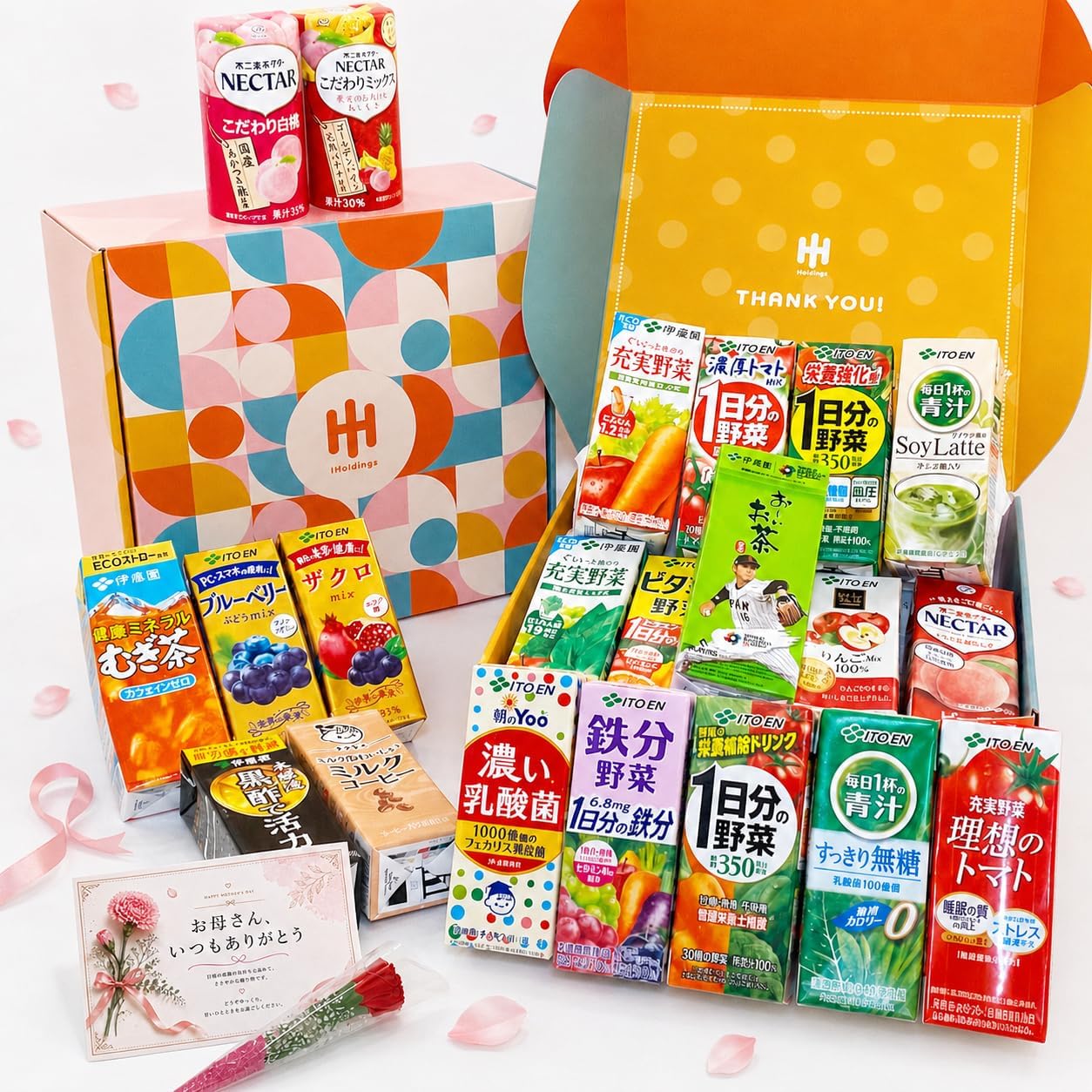 Rakuten - 母の日 ギフト 伊藤園 紙パック飲料 21種 詰め合わせ オリジナルギフトボックス メッセージカード ミニカーネーション 付き プレゼント