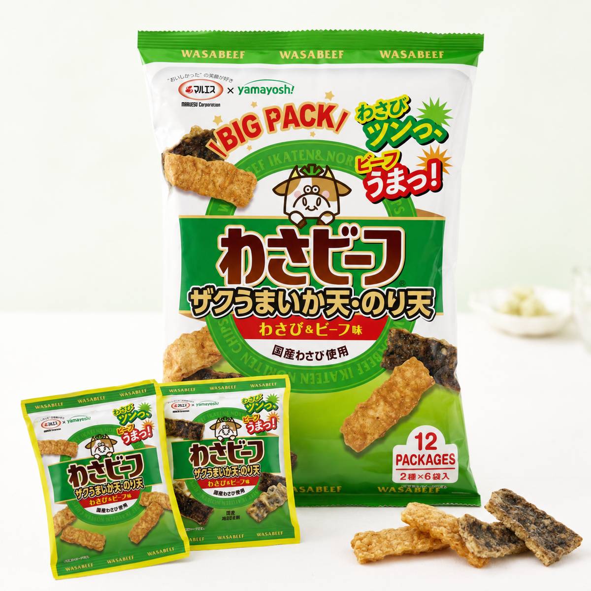 PrimeSellerJapan 楽天市場店のわさビーフ マルエス のり天 イカ天 240g 12袋(2種×6袋)×1セット おつまみ 山芳製菓 コストコ 通販 送料無料｜アングル2