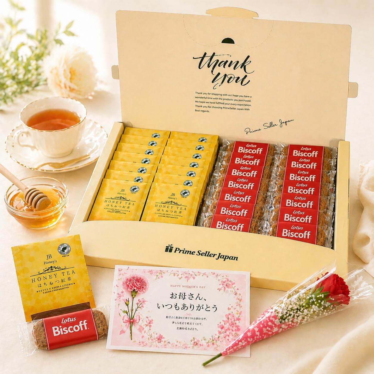 母の日 ギフト はちみつ紅茶 & ロータスビスケット 詰め合わせ 60袋（紅茶30袋＋ビスコフ30袋）ギフトボックス メッセージカード ミニカーネーション付き 個包装 ティーバッグ プレゼント（楽天・PrimeSellerJapan 楽天市場店）