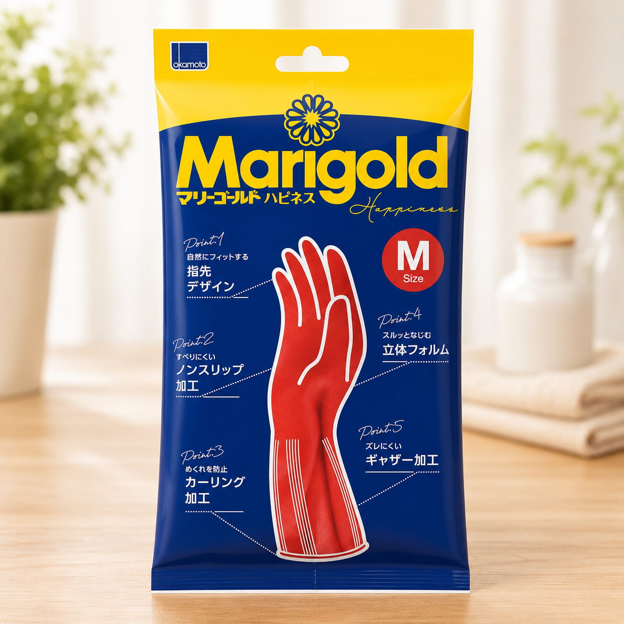 マリーゴールド ハピネス Mサイズは、天然ゴムを使用した中厚手タイプの家庭用ゴム手袋です。手にしっかりフィットするスリムな形状と、動かしやすい立体フォルムにより、食器洗いや掃除などの日常の家事を快適にサポートします。表面にはノンスリップ加工を施しているため、水に濡れた食器や調理器具も滑りにくく、水切れも良好。柔らかく手になじみやすい天然ゴム素材で、細かな作業もしやすい設計です。中厚手タイプなので耐久性と使いやすさのバランスが良く、キッチン、浴室、洗面所など幅広いシーンで活躍します。スタイリッシュなレッドカラーで、毎日の家事に取り入れやすいゴム手袋です。※原産国はスリランカです。関連商品マリーゴールド ハピネス ゴム手袋 Sサイズ 単品 中厚手 レッド 天...マリーゴールド ハピネス ゴム手袋 Lサイズ 単品 中厚手 レッド 天...680円680円マリーゴールド ハピネス ゴム手袋 Mサイズ 2袋セット 中厚手 レッ...マリーゴールド ハピネス ゴム手袋 Sサイズ 3袋セット 中厚手 レッ...1,080円1,480円マリーゴールド ハピネス ゴム手袋 Sサイズ 4袋セット 中厚手 レッ...マリーゴールド ハピネス ゴム手袋 Lサイズ 2袋セット 中厚手 レッ...1,860円1,080円マリーゴールド ハピネス ゴム手袋 Sサイズ 2袋セット 中厚手 レッ...マリーゴールド ハピネス ゴム手袋 Lサイズ 4袋セット 中厚手 レッ...1,080円1,860円マリーゴールド ハピネス ゴム手袋 Mサイズ 3袋セット 中厚手 レッ...マリーゴールド ハピネス ゴム手袋 Lサイズ 3袋セット 中厚手 レッ...1,480円1,480円マリーゴールド ハピネス ゴム手袋 Mサイズ 単品 中厚手 レッド 天然ゴム製 フィットタイプ ノンスリップ加工 キッチン 掃除用