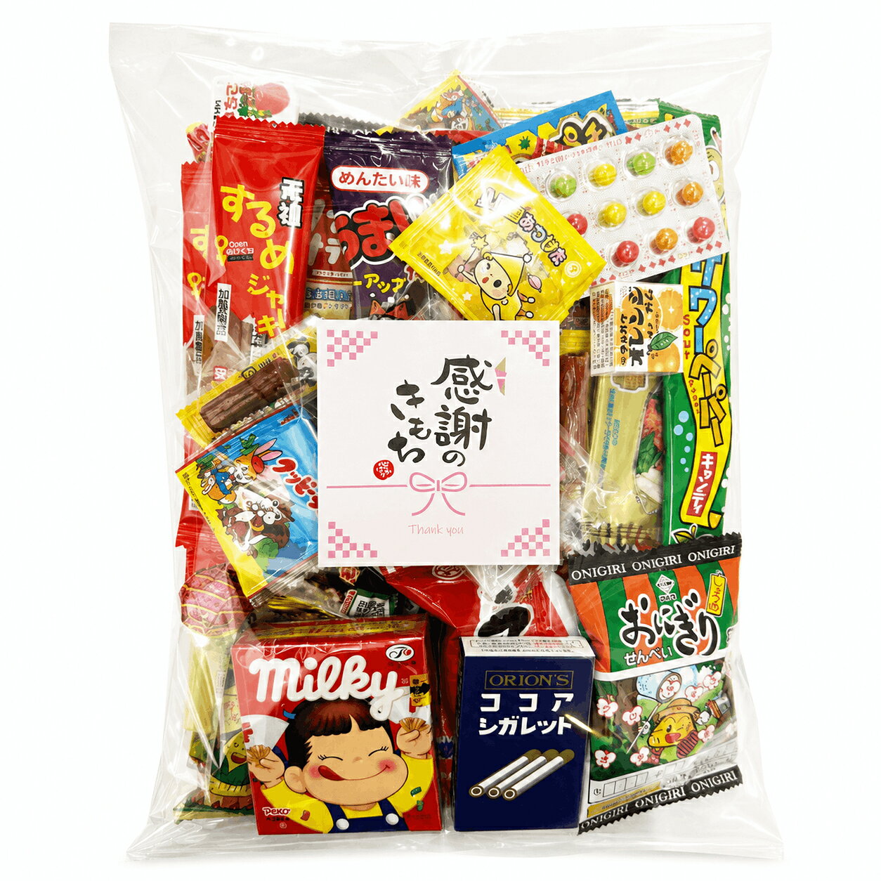 いろいろな駄菓子を少しずつ楽しめる、合計40点入りのお菓子詰め合わせセットです。昔ながらのお菓子から、ユニークなスナック、ラムネ、ガム、チョコレート、珍味系まで、味や食感の異なる商品をバランスよく組み合わせています。 「感謝のきもちステッカー」が付いているため、ただお菓子を渡すだけでなく、日頃の感謝を添えたいシーンにも使いやすいセットです。敬老の日、母の日、父の日などの贈り物をはじめ、お礼、差し入れ、イベント、景品、家族や友人との集まりなど幅広く活用できます。 40点入りなので、みんなでシェアしたいときにも、自宅で少しずつ楽しみたいときにも〇。種類が豊富なため、箱を開けて「今日はどれにしよう」と選ぶ時間も楽しめます。 季節や仕入れ状況などにより、セット内容・味・商品デザインが変更になる場合があります。原材料およびアレルゲンは商品ごとに異なりますので、お召し上がり前に各商品のパッケージ表示をご確認ください。 【セット内容一例】 ・3本 ゼリーゼリー ・2個 ヤガイ おやつカルパス ・2個 扇屋 チーズおやつ ・2個 クッピーラムネ5g ・2個 おにぎりせんべい2枚入 ・2個 サワーペーパー ・2個 カントリーマアムデザイン ・2個 タクマ 元祖するめジャーキー ・2個 マルカワ フーセンガム ・2個 こんぺいとう菓子 花詰め合わせ ・2個 アジカレー ・2個 えびせん ・2本 うまい棒 ・パチパチパニックコーラ 5g ・パチパチパニックソーダ 5g ・パチパチパニックグレープ 5g ・有楽製菓 ブラックサンダー 1本 ・チュッパチャプス ・ミルキー ・星の国見つけた ・蒲焼さん太郎 ・焼肉さん太郎 ・わさびのり太郎 ・チーリン プチプチ占い ・コーラシガレット ・餅太郎 ・よっちゃんいか赤 ・さくらんぼN [賞味期限] 出荷日より30日以上の商品をお届けいたします。関連商品【ありがとうステッカー付】 駄菓子 詰め合わせ 40点セット ビッグシ...駄菓子 詰め合わせ 40点セット 宝箱BOX 大容量 プレゼント ギフ...2,180円2,160円日本製乳 おしどりミルクケーキ 8種アソート 食べ比べ 山形土産 ミル...父の日ギフト 壮関 つまめるお菓子 6種 ギフトボックス（れんこんチッ...2,180円2,100円駄菓子 詰め合わせ 40点 ギフトボックス 昔懐かしい人気お菓子のギフ...駄菓子 40点 大容量 詰め合わせ オリジナルギフトボックス 個包装 ...2,000円2,500円お菓子 スナック菓子 駄菓子 詰め合わせ 22種 ポテトチップス 堅あ...スナック菓子 詰め合わせ 小袋 人気6種 ギフトボックス プチギフト ...3,600円1,000円やおきん うまい棒 ハロウィン コーンポタージュ味 30本入り 20袋...菓道 焼肉さん太郎 1枚×30袋セット 送料無料...12,800円760円いろいろな駄菓子を少しずつ楽しめる、合計40点入りのお菓子詰め合わせセットです。昔ながらのお菓子から、ユニークなスナック、ラムネ、ガム、チョコレート、珍味系まで、味や食感の異なる商品をバランスよく組み合わせています。 「感謝のきもちステッカー」が付いているため、ただお菓子を渡すだけでなく、日頃の感謝を添えたいシーンにも使いやすいセットです。敬老の日、母の日、父の日などの贈り物をはじめ、お礼、差し入れ、イベント、景品、家族や友人との集まりなど幅広く活用できます。 40点入りなので、みんなでシェアしたいときにも、自宅で少しずつ楽しみたいときにも〇。種類が豊富なため、箱を開けて「今日はどれにしよう」と選ぶ時間も楽しめます。 季節や仕入れ状況などにより、セット内容・味・商品デザインが変更になる場合があります。原材料およびアレルゲンは商品ごとに異なりますので、お召し上がり前に各商品のパッケージ表示をご確認ください。 【セット内容一例】 ・3本 ゼリーゼリー ・2個 ヤガイ おやつカルパス ・2個 扇屋 チーズおやつ ・2個 クッピーラムネ5g ・2個 おにぎりせんべい2枚入 ・2個 サワーペーパー ・2個 カントリーマアムデザイン ・2個 タクマ 元祖するめジャーキー ・2個 マルカワ フーセンガム ・2個 こんぺいとう菓子 花詰め合わせ ・2個 アジカレー ・2個 えびせん ・2本 うまい棒 ・パチパチパニックコーラ 5g ・パチパチパニックソーダ 5g ・パチパチパニックグレープ 5g ・有楽製菓 ブラックサンダー 1本 ・チュッパチャプス ・ミルキー ・星の国見つけた ・蒲焼さん太郎 ・焼肉さん太郎 ・わさびのり太郎 ・チーリン プチプチ占い ・コーラシガレット ・餅太郎 ・よっちゃんいか赤 ・さくらんぼN [賞味期限] 出荷日より30日以上の商品をお届けいたします。