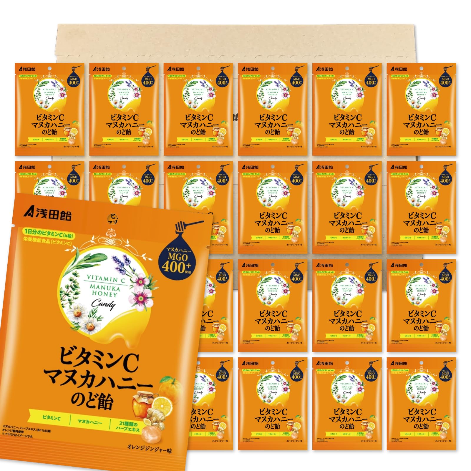 浅田飴 ビタミンCマヌカハニーのど飴 60g ×24袋セット PSJBOX のど飴 まとめ買い 【浅田飴】ビタミンCマヌカハニーのど飴 【ハーブエキス配合】のどにうれしいマヌカハニー、ビタミンCとともに、21種類のハーブエキスを配合 【ピリッとしたオレンジジンジャー味】乾燥が気になる季節や、のどを大切にしたい方におすすめの商品です 【浅田飴の歴史は明治20年】漢方医学の大家、浅田宗伯から「水飴」に生薬を加えた処方を譲り受けたことにはじまります 【栄養成分表示】 4粒(10.4g)あたり エネルギー　：41.6kcal たんぱく質　：0g 脂質　　　　：0g 炭水化物　　：10.4g 食塩相当量　：0.003g ビタミンC　：100mg 【内容量(1袋)】 60g(個包装込み) 【賞味期限】 出荷日より30日以上の商品をお届け致します 【保存方法】 保存方法:直射日光・高温多湿をおさけください。 関連商品浅田飴 プロポリスマヌカハニーのど飴 60g ×24袋セット のど飴 ...不二家 七五三 ミルキー千歳飴 40本セット（赤20本、白20本）...5,980円5,660円浅田飴 しっとりのど飴 61g ×24袋セット のど飴 まとめ買い...救心製薬 のどにやさしい 金銀花のど飴 70g ×20袋セット 救心 ...6,740円5,280円【HWステッカー付】 カバヤ 塩分チャージタブレッツ 2種 1kg（約...マルエ製菓 ハロウィンキャンディ 1kg ×2袋セット PSJBOX ...4,800円4,610円浅田飴 ビタミンCマヌカハニーのど飴 60g のど飴...浅田飴 ビタミンCマヌカハニーのど飴 60g ×4袋セット のど飴...498円1,080円千歳飴 赤白 各10本セット 手提げ袋5枚付き 七五三 紅白飴 キャン...浅田飴 ビタミンCマヌカハニーのど飴 60g ×2袋セット のど飴...3,680円680円