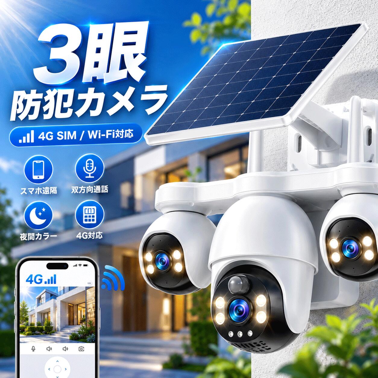 3眼ソーラー防犯カメラ 配線不要・電源工事不要で屋外をしっかり見守り 4G LTE / Wi-Fi対応・スマホ遠隔操作・2年間保証 3つのカメラで広範囲を確認 水平355°・垂直90°の広い可動範囲に対応。 駐車場、畑、倉庫、建設現場、空き家など、電源を取りにくい場所の防犯対策におすすめです。 製品の特長 1. 3眼カメラをスマホで遠隔操作 3つのカメラ映像を確認でき、水平355°・垂直90°の広範囲をカバー。スマホから向きを調整でき、見たい場所をすぐに確認できます。 2. 配線不要・電源工事不要 8000mAh大容量バッテリーとソーラー充電に対応。電源が取りにくい屋外でも設置しやすく、工事費用を抑えられます。 3. 4G LTE / Wi-Fi 両対応 SIMカードによる4G通信とWi-Fi接続の両方に対応。ご自宅まわりはもちろん、Wi-Fiが届きにくい畑・倉庫・資材置場などにもおすすめです。 4. PIR人形検知＋動体検知 PIR検知と動体検知に対応。不審な動きを検知するとスマホへ通知し、外出先からでも状況を確認できます。 5. 夜間も見やすいカラー暗視 最大約15mの暗視撮影に対応。夜間でも映像を確認しやすく、駐車場や玄関まわりの見守りに便利です。 6. 3画面同時視聴・双方向通話 3つのカメラ映像を同時に確認可能。内蔵マイク・スピーカーにより、スマホから現場との会話もできます。 製品仕様 接続方法 4G LTE / Wi-Fi 防水性能 IP65 パン/チルト 水平355° / 垂直90° 検知機能 PIR人形検知 / 動体検知 暗視距離 約15m カラー暗視 バッテリー 8000mAh / ソーラー充電対応 ストレージ micro SD 最大128GB対応 保証 2年間保証 おすすめ設置場所 ・駐車場 ・農園、畑 ・倉庫、資材置場 ・建設現場 ・別荘、空き家 ・山林、私有地 安心の2年間保証付き 通常使用における不具合につきましては、保証期間内に対応いたします。配線不要・工事不要で、届いたその日から設置しやすい防犯カメラです。 ご購入前の注意事項 ・4G通信をご利用の場合、別途SIMカードのご契約が必要です。本製品にはSIMカードは付属しておりません。 ・録画にはmicro SDカードが必要です。最大128GB対応、別売りです。 ・ソーラー充電を行うため、日当たりの良い場所への設置を推奨します。 ・4G通信エリア外、またはWi-Fi電波が届かない場所では使用できません。 ・IP65防水仕様ですが、完全防水ではありません。 ・自然災害、落雷、誤使用による故障は保証対象外です。 メーカー希望小売価格はメーカーサイトに基づいて掲載しています メーカー希望小売価格はメーカーサイトに基づいて掲載しています メーカー希望小売価格はメーカーサイトに基づいて掲載しています3眼ソーラー防犯カメラ 配線不要・電源工事不要で屋外をしっかり見守り 4G LTE / Wi-Fi対応・スマホ遠隔操作・2年間保証 3つのカメラで広範囲を確認 水平355°・垂直90°の広い可動範囲に対応。 駐車場、畑、倉庫、建設現場、空き家など、電源を取りにくい場所の防犯対策におすすめです。 製品の特長 1. 3眼カメラをスマホで遠隔操作 3つのカメラ映像を確認でき、水平355°・垂直90°の広範囲をカバー。スマホから向きを調整でき、見たい場所をすぐに確認できます。 2. 配線不要・電源工事不要 8000mAh大容量バッテリーとソーラー充電に対応。電源が取りにくい屋外でも設置しやすく、工事費用を抑えられます。 3. 4G LTE / Wi-Fi 両対応 SIMカードによる4G通信とWi-Fi接続の両方に対応。ご自宅まわりはもちろん、Wi-Fiが届きにくい畑・倉庫・資材置場などにもおすすめです。 4. PIR人形検知＋動体検知 PIR検知と動体検知に対応。不審な動きを検知するとスマホへ通知し、外出先からでも状況を確認できます。 5. 夜間も見やすいカラー暗視 最大約15mの暗視撮影に対応。夜間でも映像を確認しやすく、駐車場や玄関まわりの見守りに便利です。 6. 3画面同時視聴・双方向通話 3つのカメラ映像を同時に確認可能。内蔵マイク・スピーカーにより、スマホから現場との会話もできます。 製品仕様 接続方法 4G LTE / Wi-Fi 防水性能 IP65 パン/チルト 水平355° / 垂直90° 検知機能 PIR人形検知 / 動体検知 暗視距離 約15m カラー暗視 バッテリー 8000mAh / ソーラー充電対応 ストレージ micro SD 最大128GB対応 保証 2年間保証 おすすめ設置場所 ・駐車場 ・農園、畑 ・倉庫、資材置場 ・建設現場 ・別荘、空き家 ・山林、私有地 安心の2年間保証付き 通常使用における不具合につきましては、保証期間内に対応いたします。配線不要・工事不要で、届いたその日から設置しやすい防犯カメラです。 ご購入前の注意事項 ・4G通信をご利用の場合、別途SIMカードのご契約が必要です。本製品にはSIMカードは付属しておりません。 ・録画にはmicro SDカードが必要です。最大128GB対応、別売りです。 ・ソーラー充電を行うため、日当たりの良い場所への設置を推奨します。 ・4G通信エリア外、またはWi-Fi電波が届かない場所では使用できません。 ・IP65防水仕様ですが、完全防水ではありません。 ・自然災害、落雷、誤使用による故障は保証対象外です。