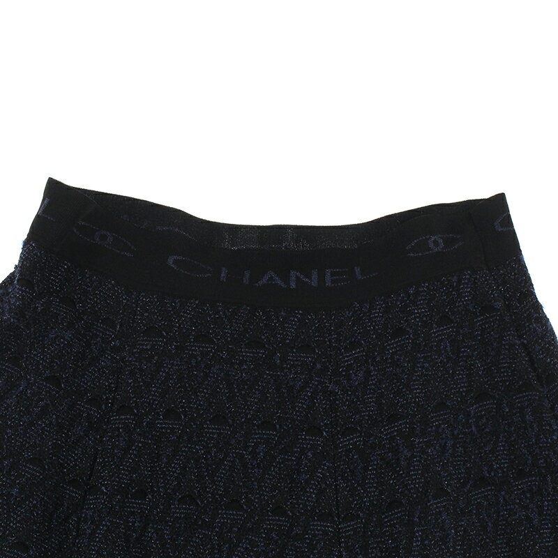 極美品 シャネル CHANEL ウエストゴム ロゴ ラメ スカート ブラック×ネイビー P3762 【中古】