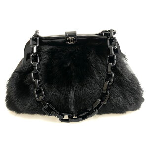 美品 シャネル CHANEL ココマーク ファー がま口 プラチェーン ハンドバッグ レザー ブラック C2125 ネット通販
