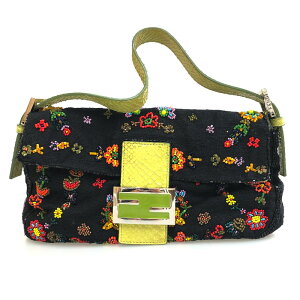 美品 フェンディ FENDI マンマバケット ビーズ 花柄 ハンド ワン ショルダーバッグ パイソン ブラック×グリーン系 C2191 通販