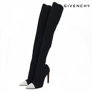 GIVENCHY ジバンシー 38 ミッドヒールロング ブーツ ジャージー レザー ブラック ホワイト eitm0077 ネット予約
