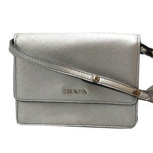 美品 プラダ PRADA ロゴ ショルダーバッグ レザー シルバー系 P11772 バーゲン