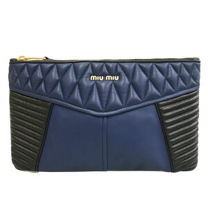 美品 ミュウ ミュウ Miu Miu ロゴ クラッチバッグ レザー ブルー×ブラック P12402 バーゲン