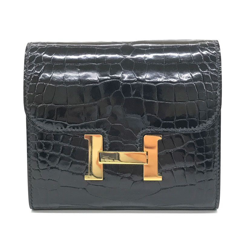 美品 エルメス HERMES コンスタンス コンパクトクロコダイル アリゲーター 折り財布 ブラック P12459 【中古】